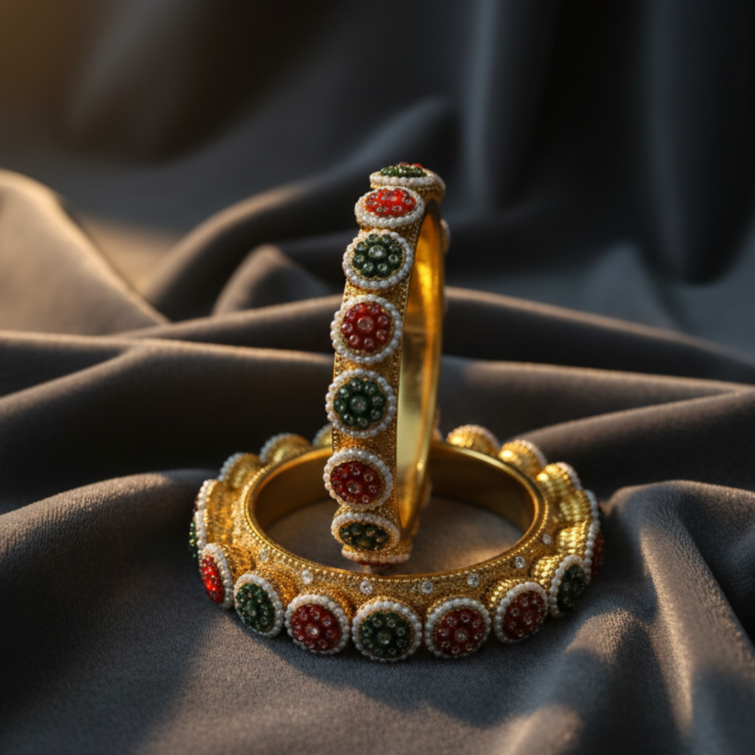 Gold Plated Red & Green Stone Traditional Bangles