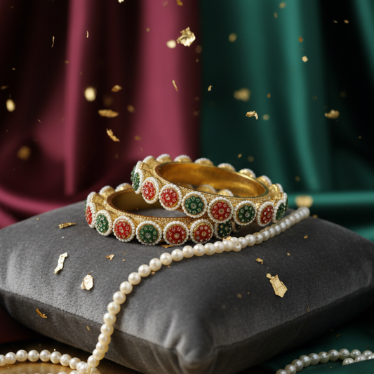 Gold Plated Red & Green Stone Traditional Bangles