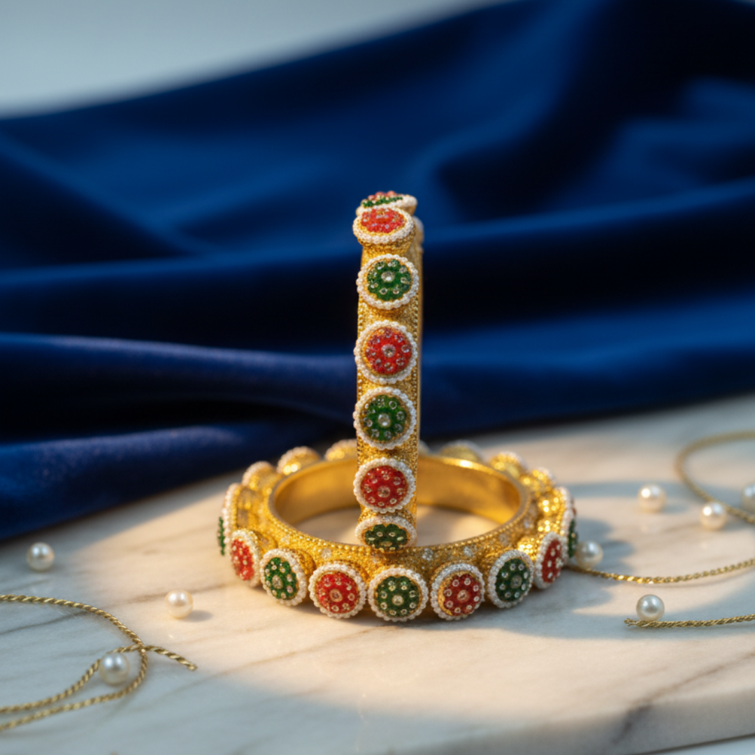 Gold Plated Red & Green Stone Traditional Bangles
