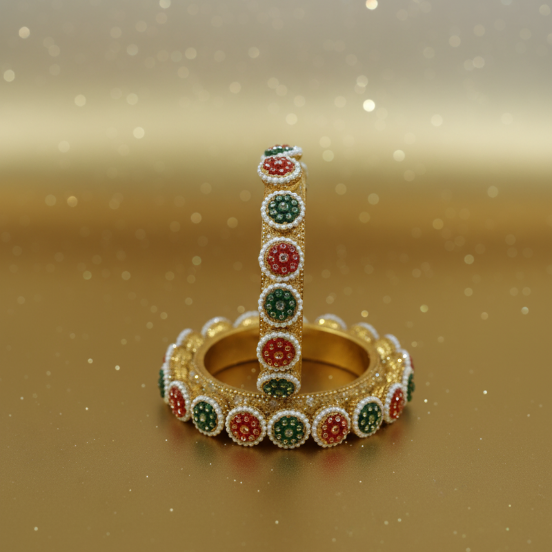 Gold Plated Red & Green Stone Traditional Bangles