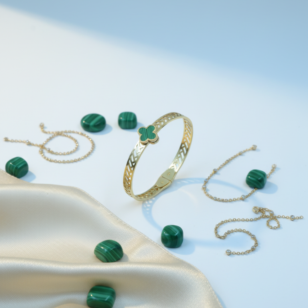 Gold Plated Green Clover Stone Bracelet