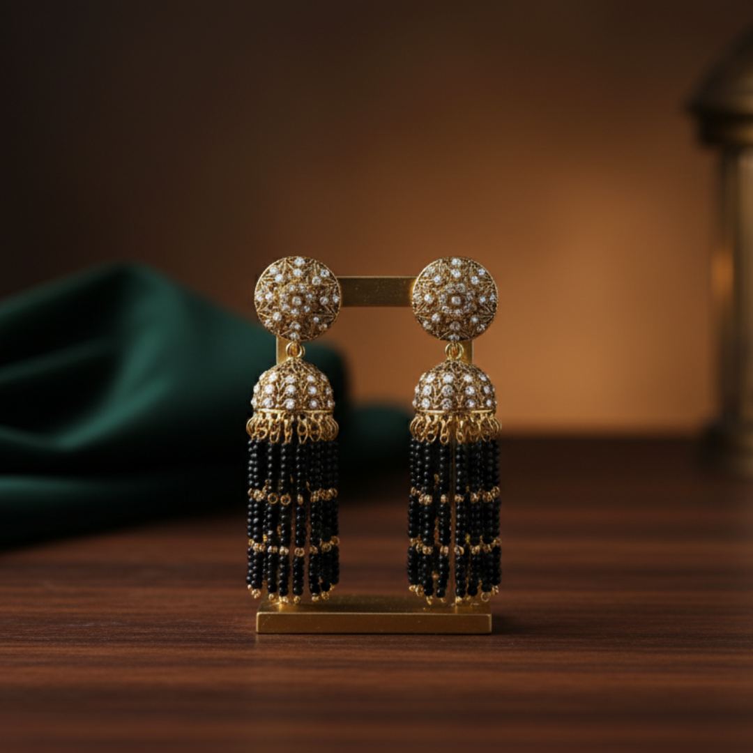 Ruhani Antique Gold Black Bead Jhumkas