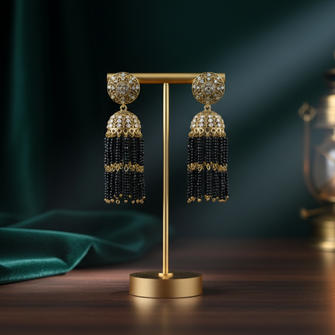 Ruhani Antique Gold Black Bead Jhumkas