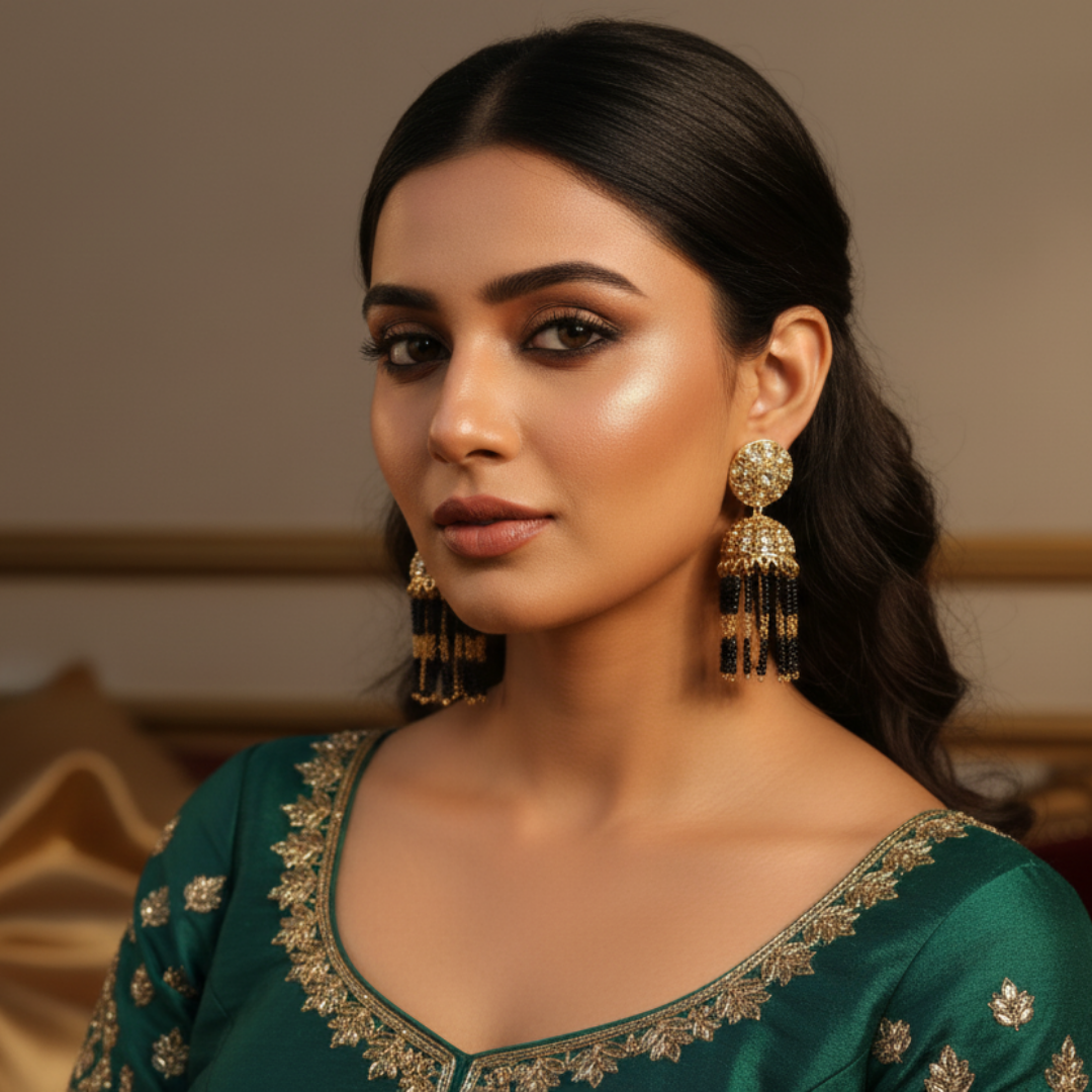 Ruhani Antique Gold Black Bead Jhumkas