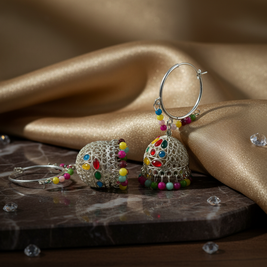 Mehak Multi-Color Silver Hoop Jhumka Earrings