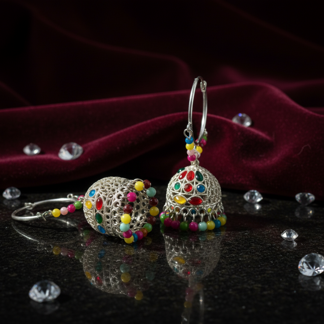 Mehak Multi-Color Silver Hoop Jhumka Earrings