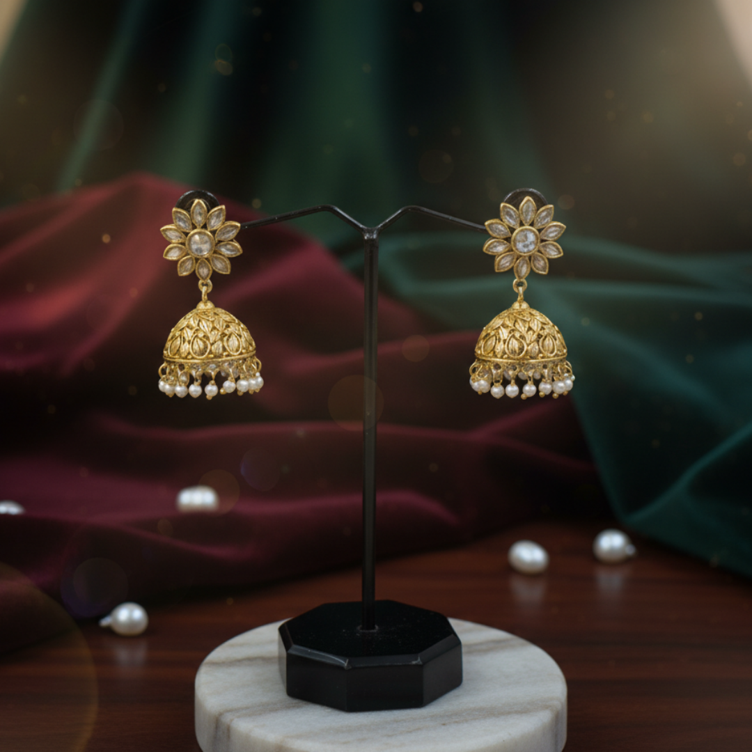 Noorvi Kundan Pearl Drop Jhumka Earrings
