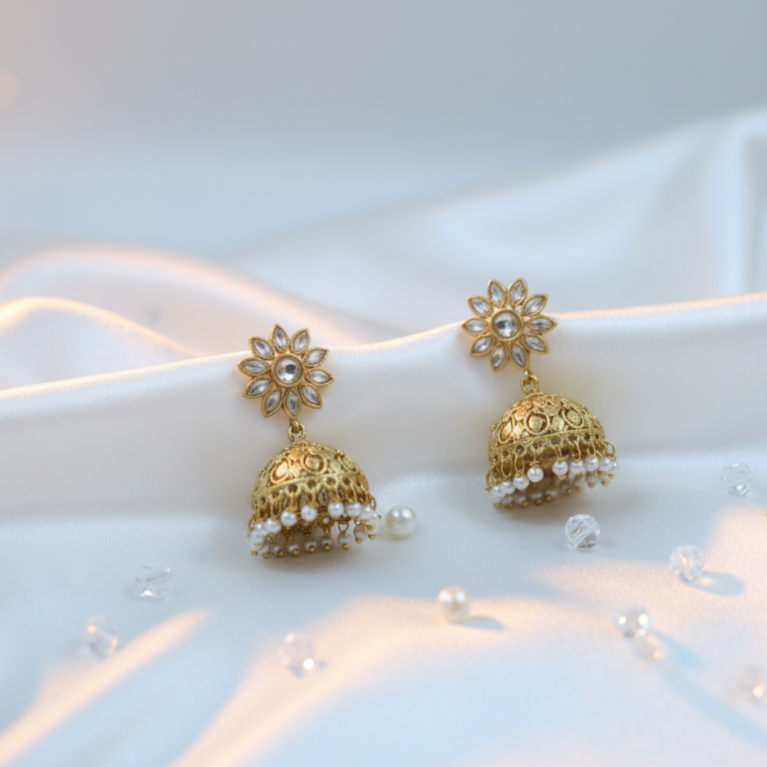 Noorvi Kundan Pearl Drop Jhumka Earrings