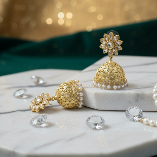 Noorvi Kundan Pearl Drop Jhumka Earrings