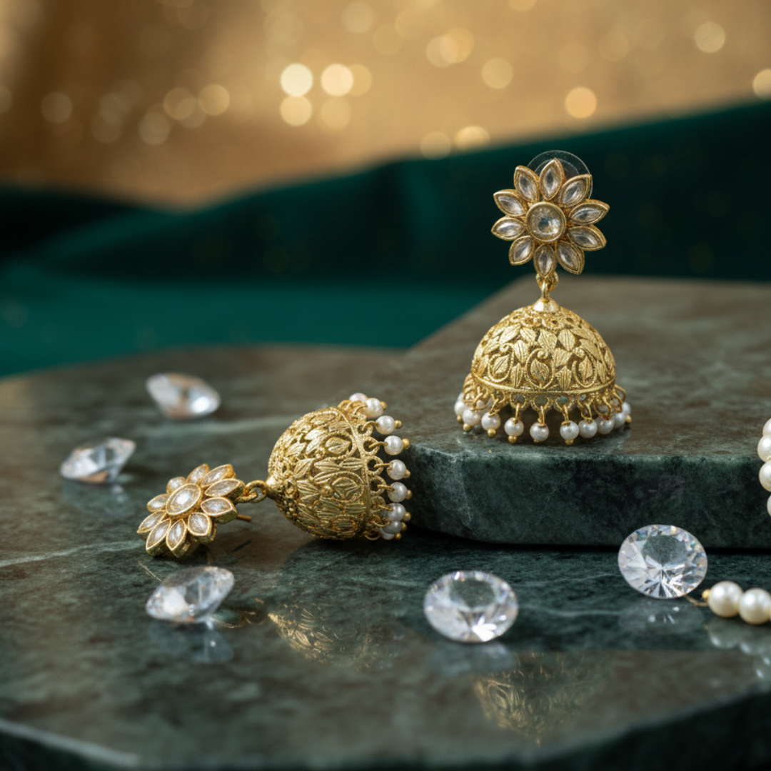 Noorvi Kundan Pearl Drop Jhumka Earrings