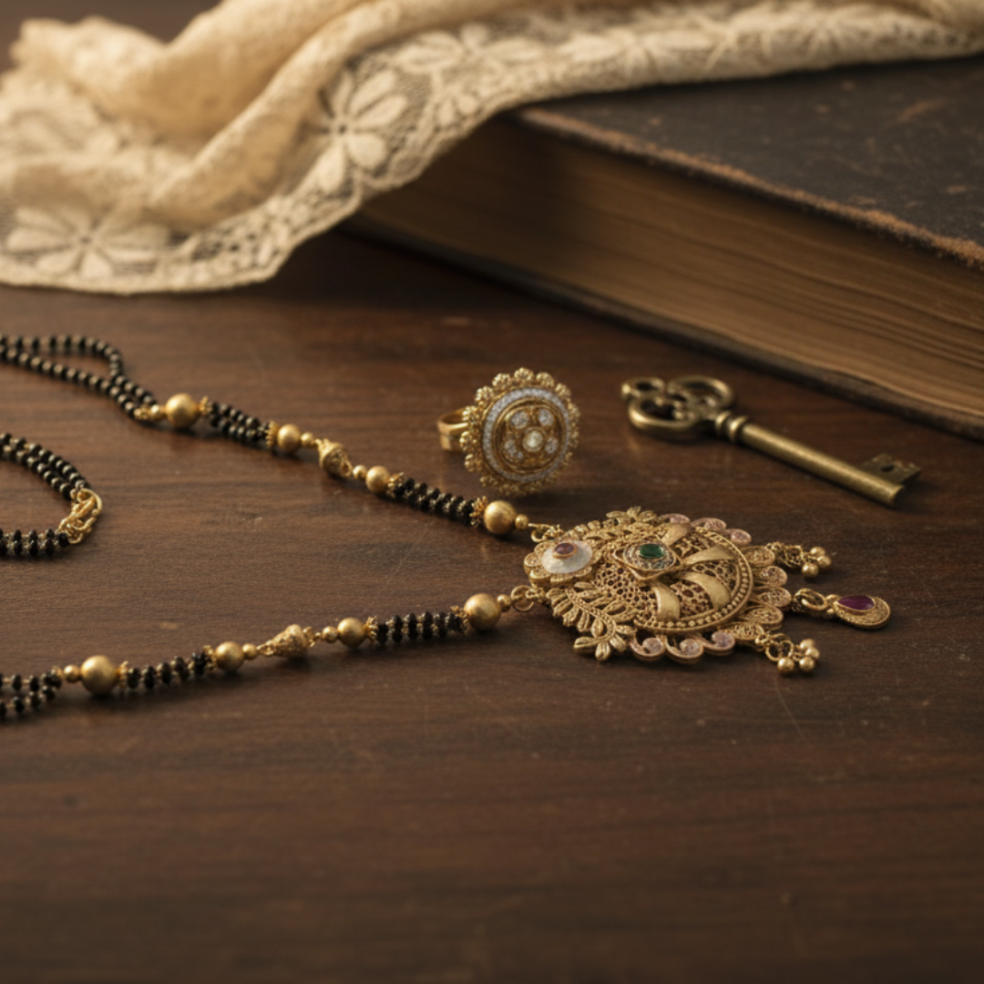 Exquisite Gold-Plated Black Bead Mangalsutra Set