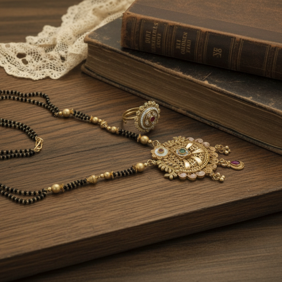 Exquisite Gold-Plated Black Bead Mangalsutra Set