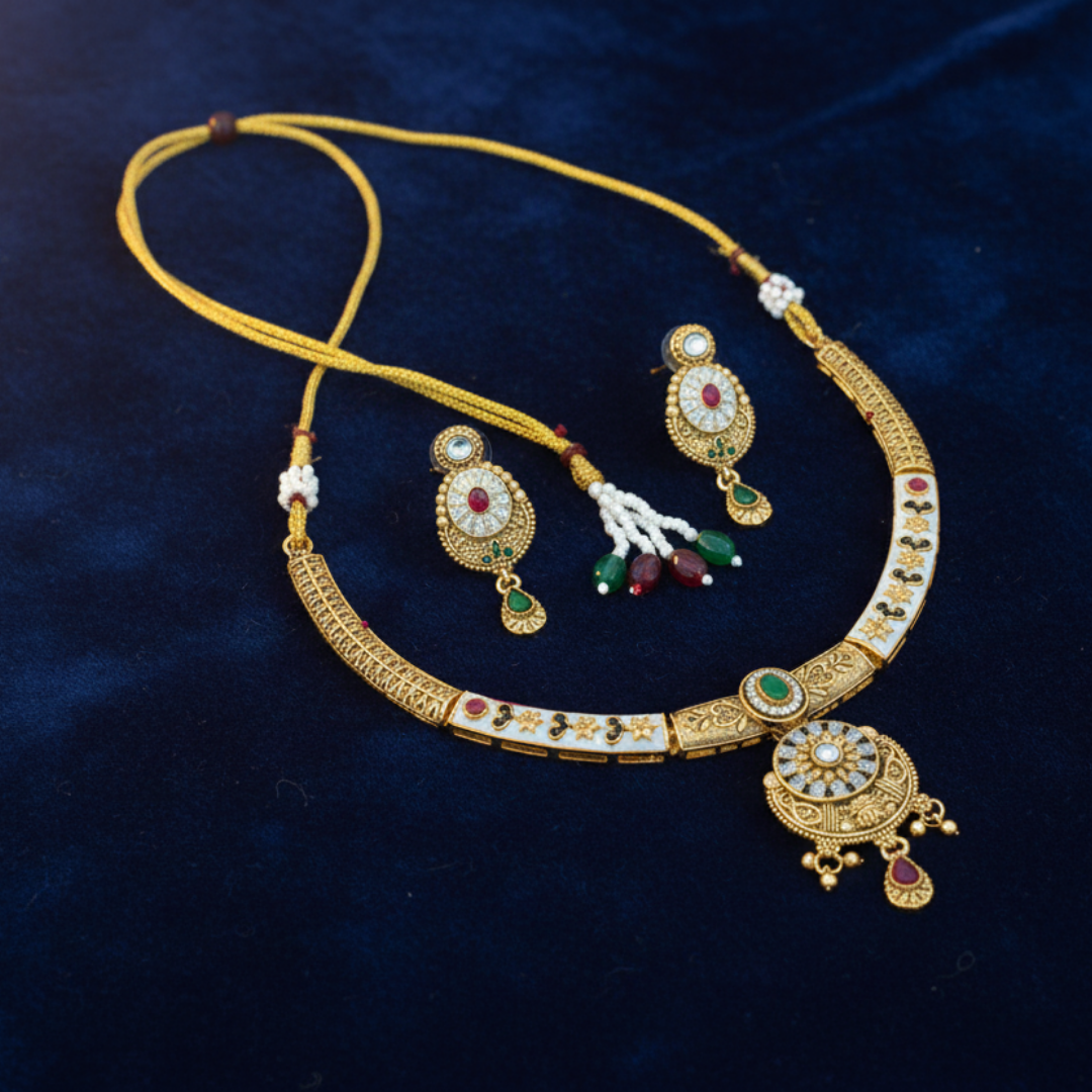 Gold Plated Kundan Choker Necklace Set with Pearl Drops