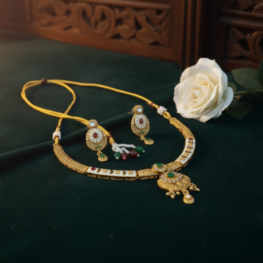 Gold Plated Kundan Choker Necklace Set with Pearl Drops