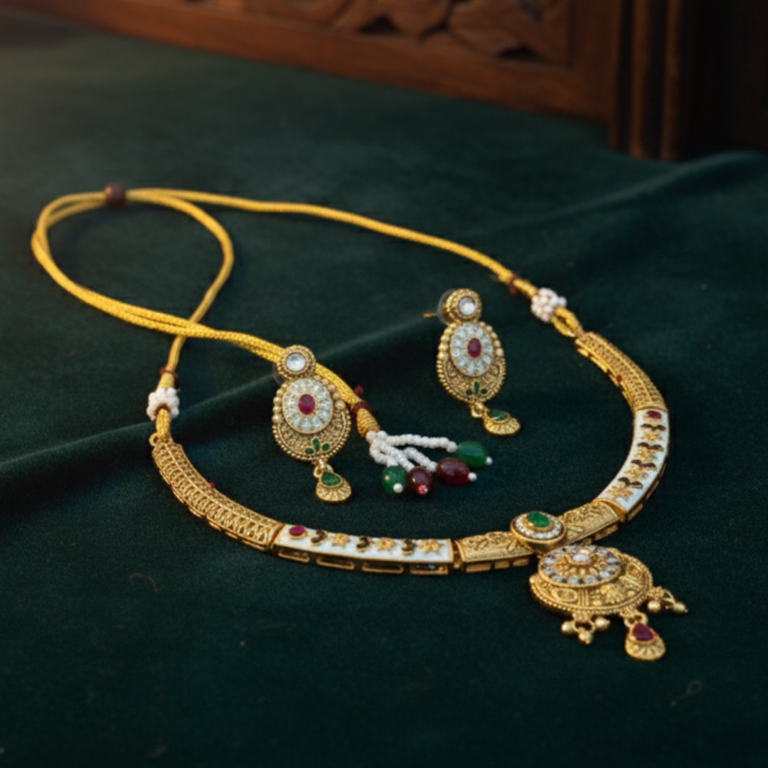 Gold Plated Kundan Choker Necklace Set with Pearl Drops