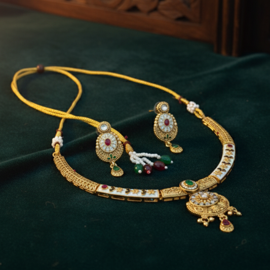 Gold Plated Kundan Choker Necklace Set with Pearl Drops