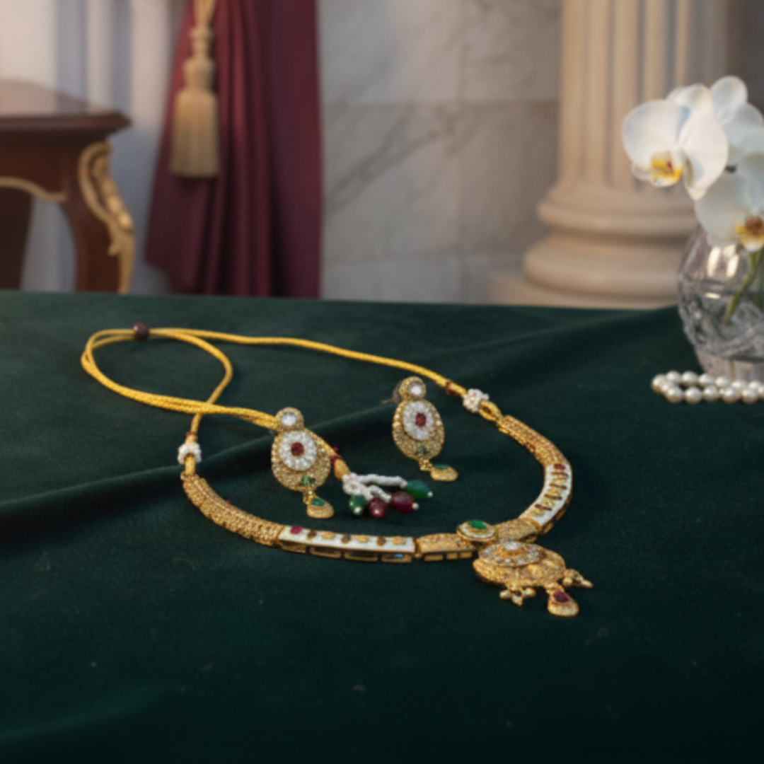 Gold Plated Kundan Choker Necklace Set with Pearl Drops