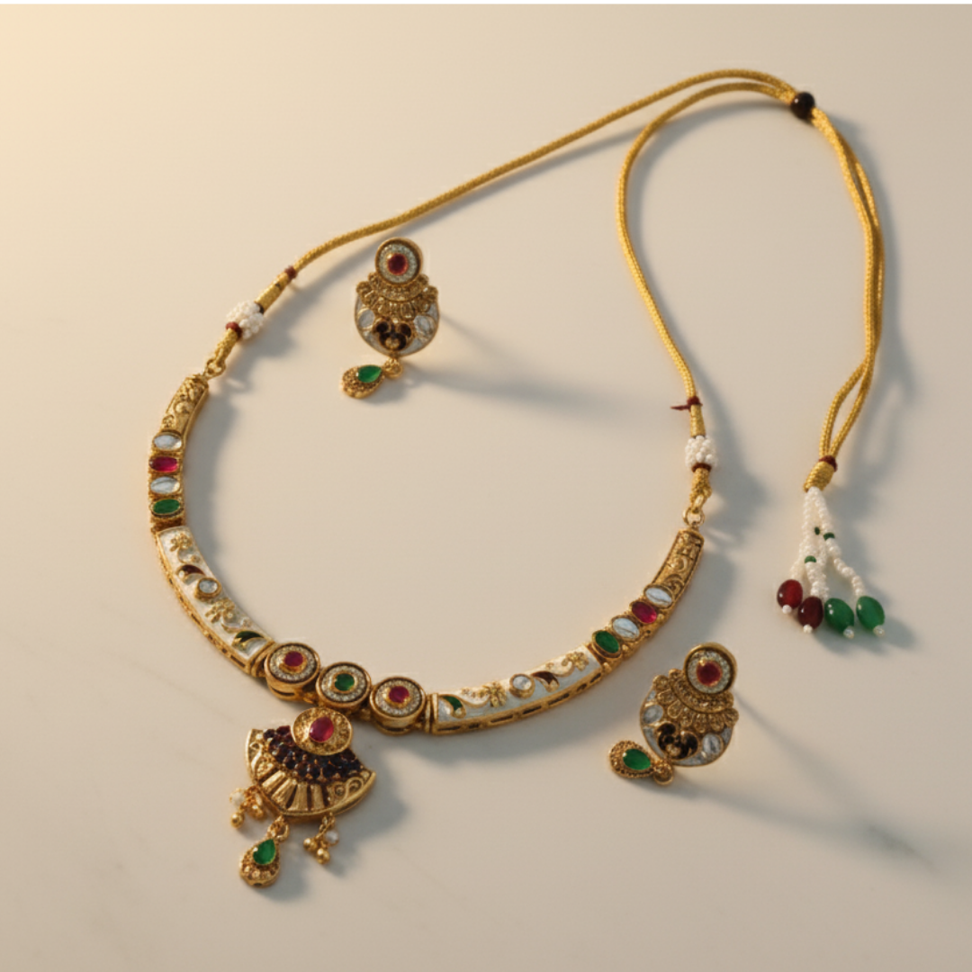 Antique Kundan & Mehak Jewellery Set with Ruby & Pearl Drops