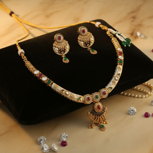 Antique Kundan & Mehak Jewellery Set with Ruby & Pearl Drops