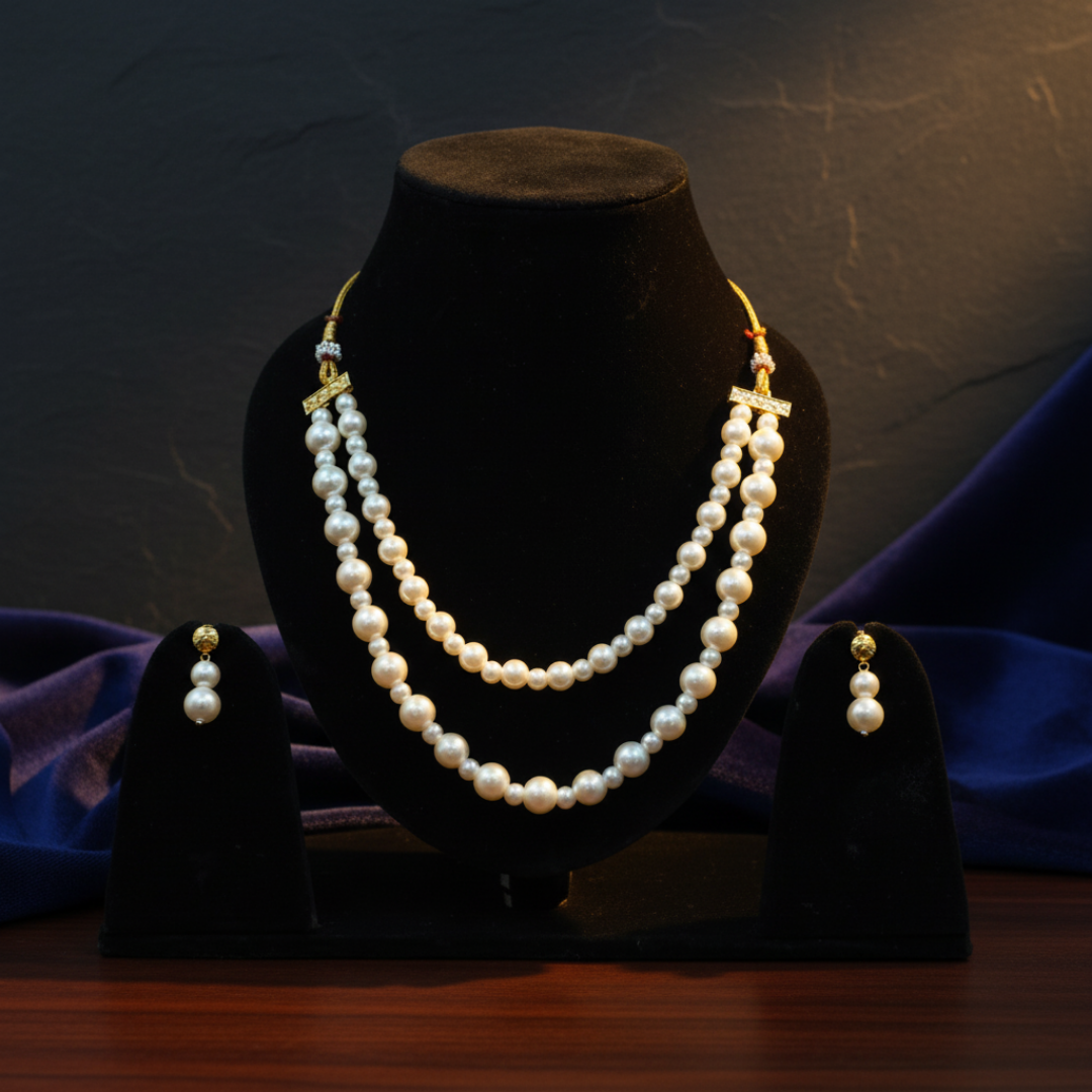 Mehak Classic Two-Strand Pearl Necklace with Earrings