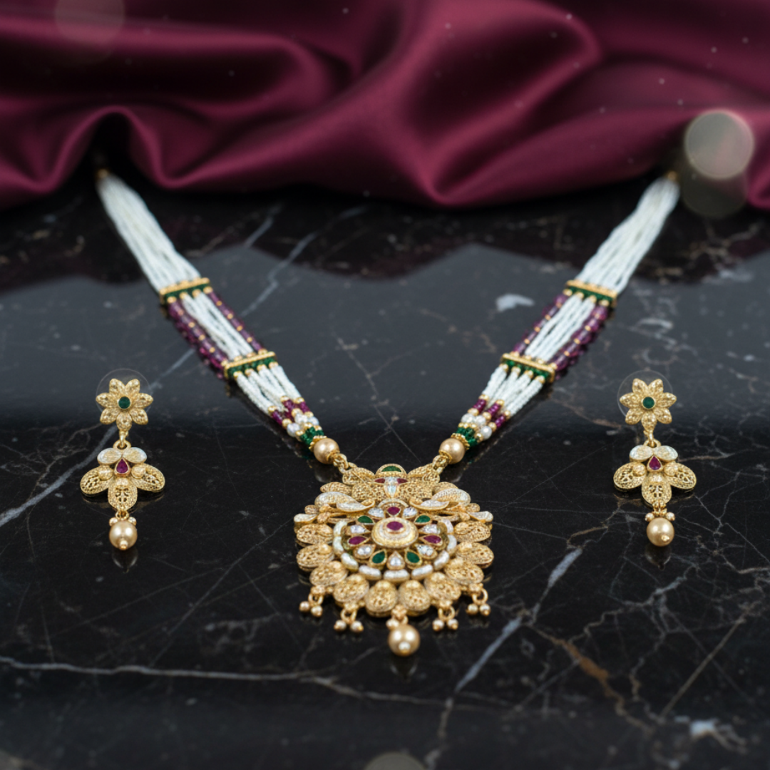 Traditional Multi-Strand Pearl & Kundan Rani Haar Necklace Set