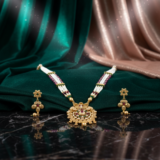 Traditional Multi-Strand Pearl & Kundan Rani Haar Necklace Set