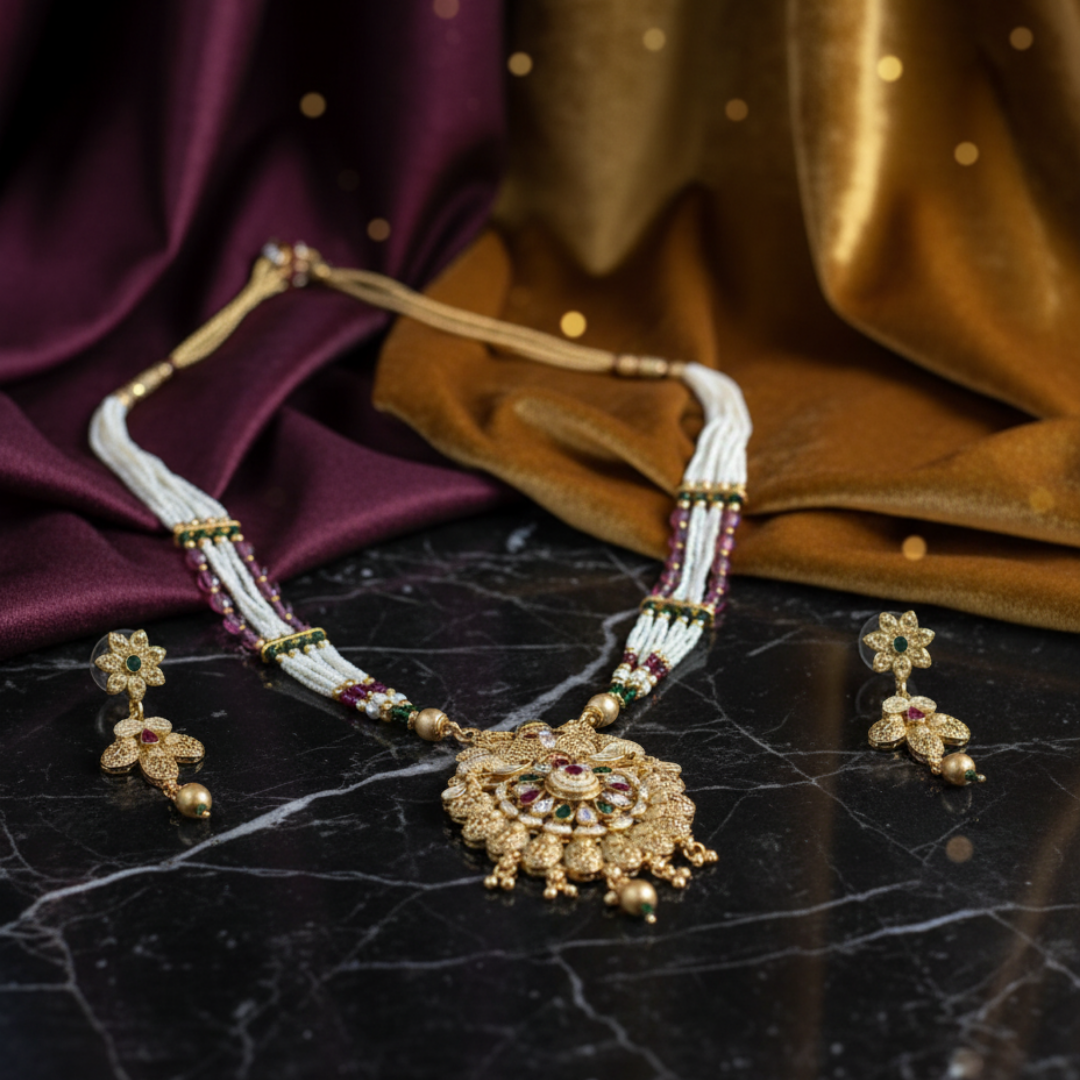 Traditional Multi-Strand Pearl & Kundan Rani Haar Necklace Set