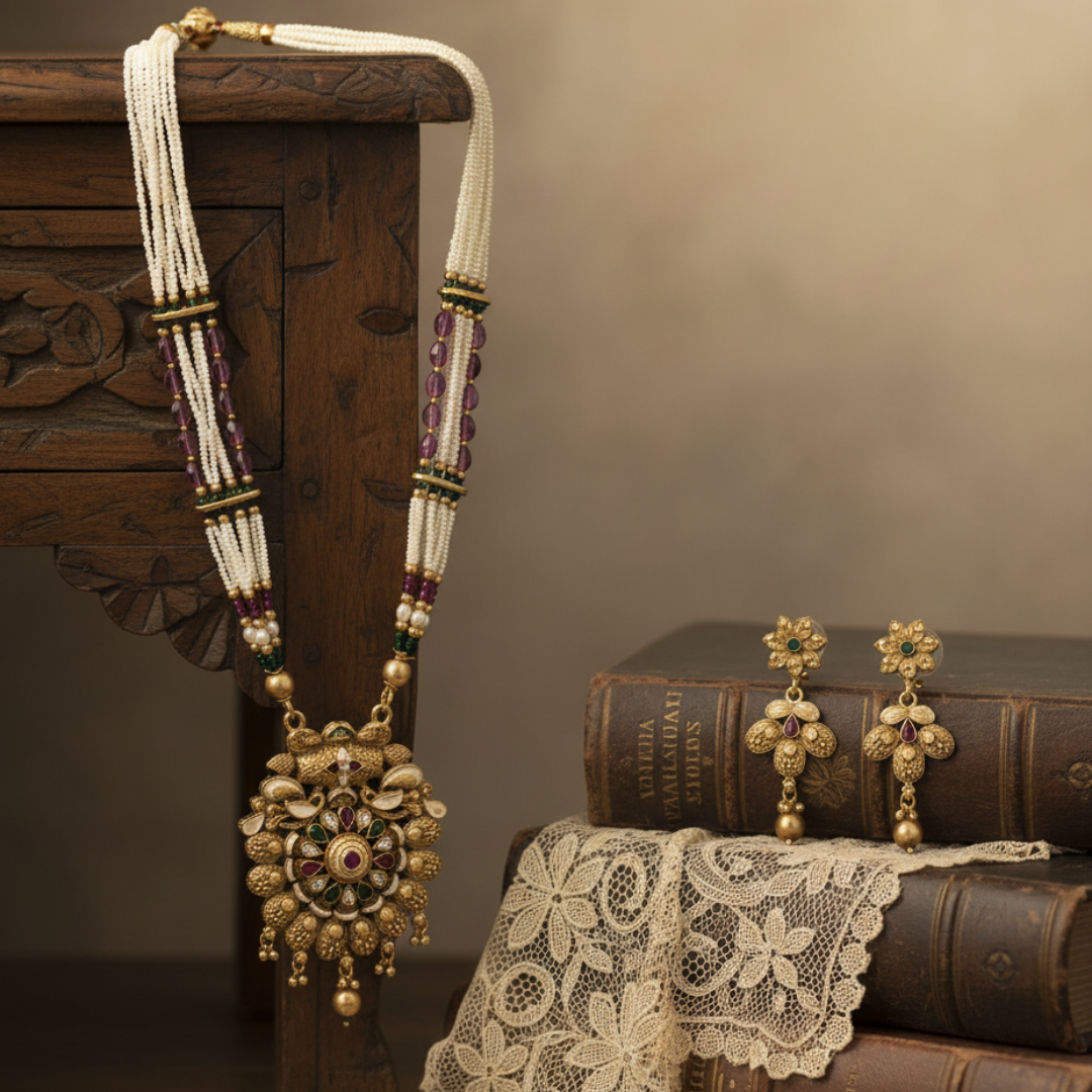 Traditional Multi-Strand Pearl & Kundan Rani Haar Necklace Set
