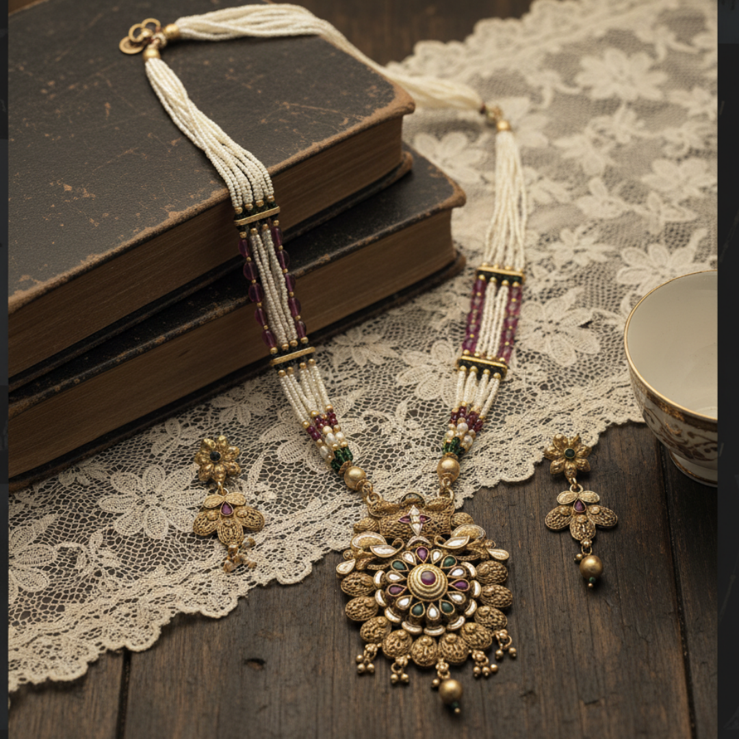 Traditional Multi-Strand Pearl & Kundan Rani Haar Necklace Set