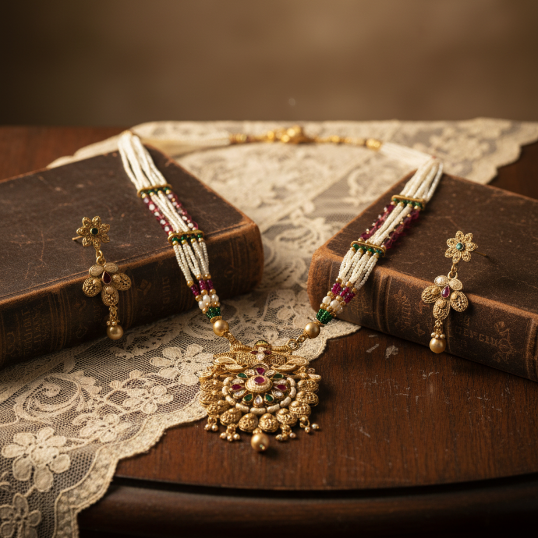 Traditional Multi-Strand Pearl & Kundan Rani Haar Necklace Set