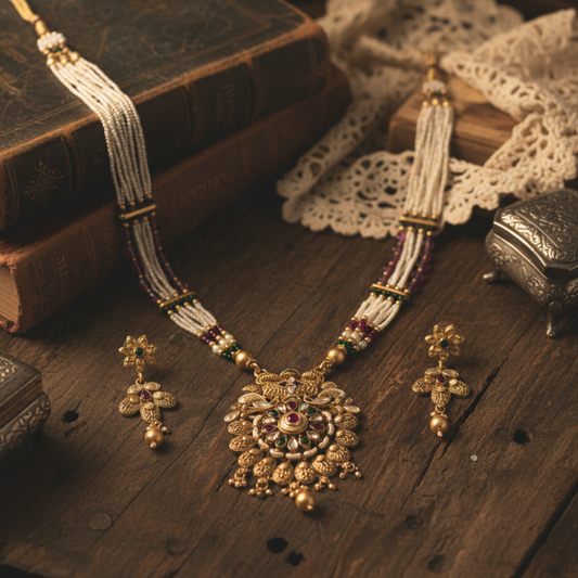 Traditional Multi-Strand Pearl & Kundan Rani Haar Necklace Set