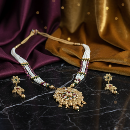 Traditional Multi-Strand Pearl & Kundan Rani Haar Necklace Set